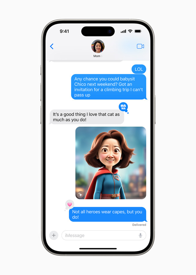 iPhone 15 Pro 上的信息 app 中，一张 Image Playground 生成的图像将用户的母亲描绘成超级英雄的模样。