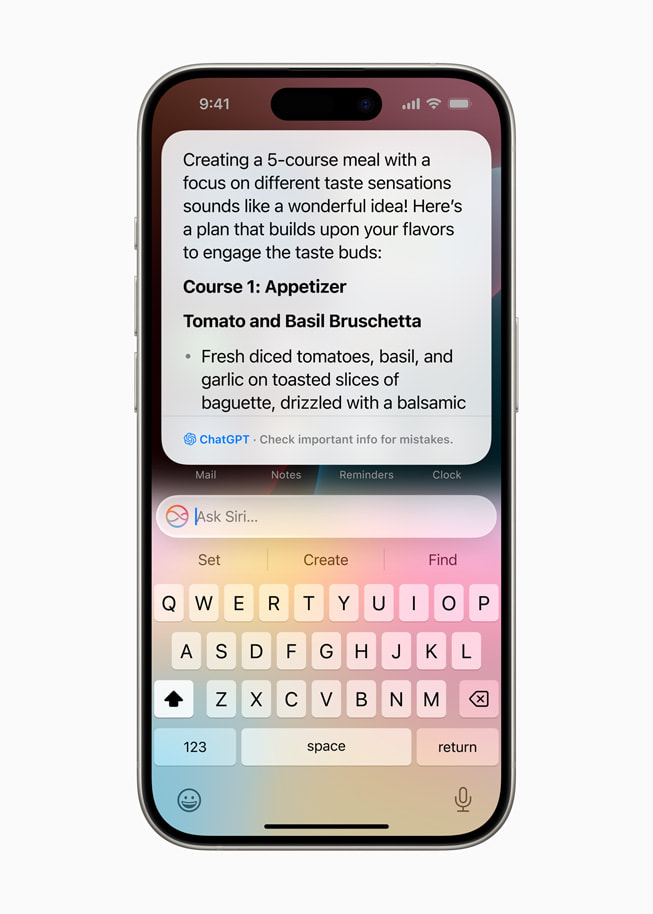 Siri 在 iPhone 15 Pro 上交出 ChatGPT 生成的结果。第一道菜是番茄罗勒意式烤面包，用罗列要点的形式说明具体步骤。