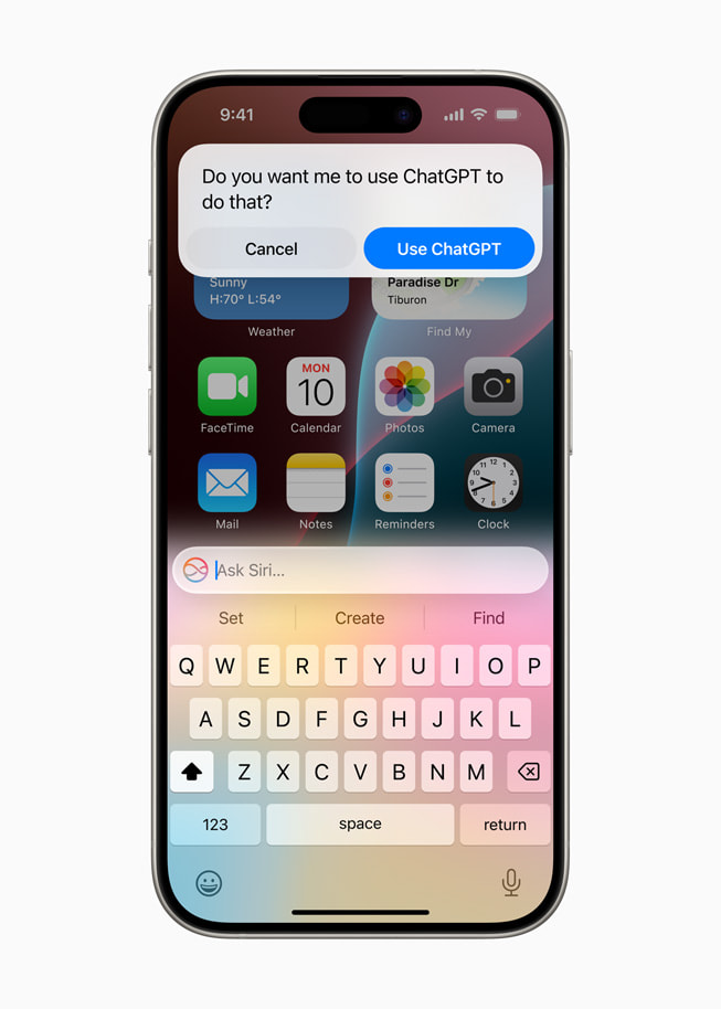 iPhone 15 Pro 上的 Siri 对用户提示词给出的答复是：“您希望我用 ChatGPT 来处理这项任务吗？”