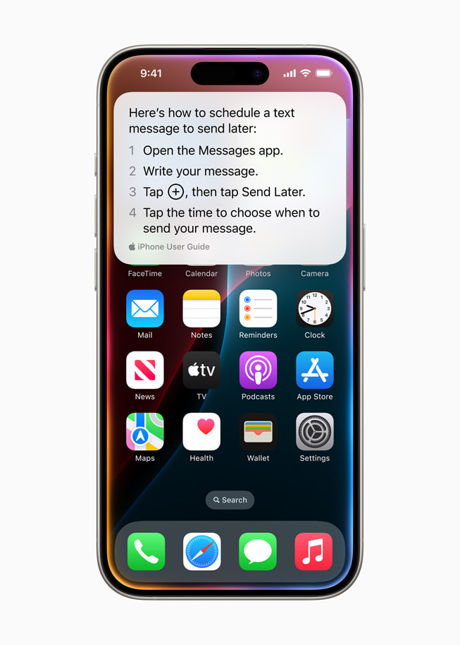 一台 iPhone 15 Pro 上的 Siri 正在回答用户关于如何定时发送电子邮件的问题。
