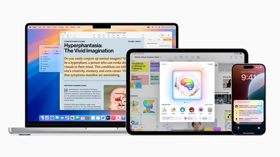 MacBook Pro、iPad Pro、iPhone 15 Pro 上展示着全新的 Apple Intelligence 功能。