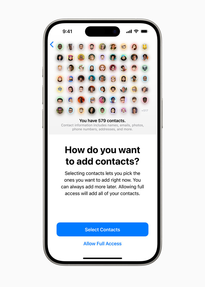 iPhone 15 Pro 显示提示“你想如何添加联系人”和选项“选择联系人”与“允许完全访问”。