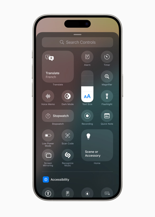 iPhone 15 Pro 上显示着 controls gallery。