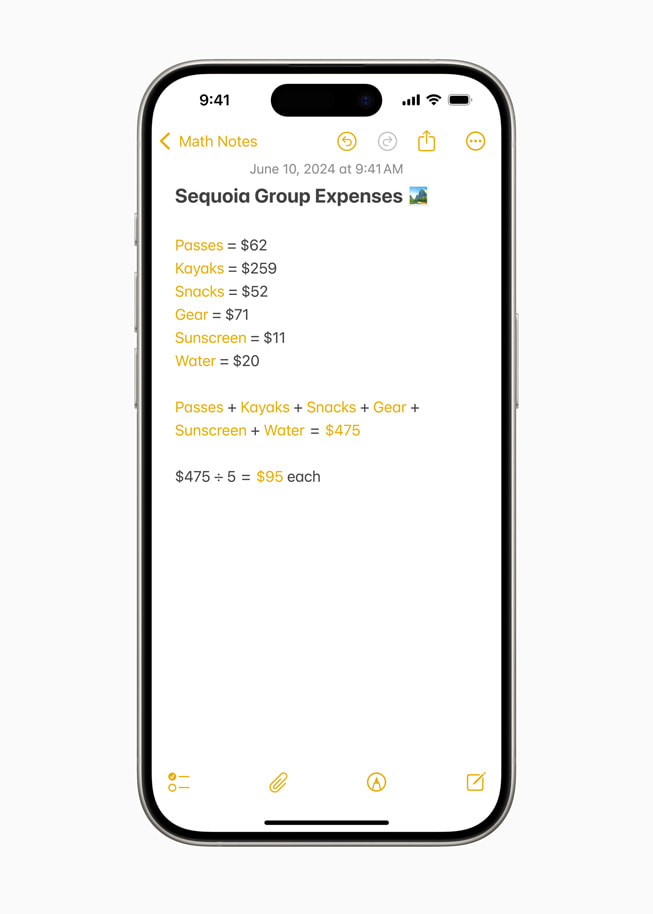 iPhone 15 Pro 的 Math Notes 中显示“Sequoia 集体开支”的计算。