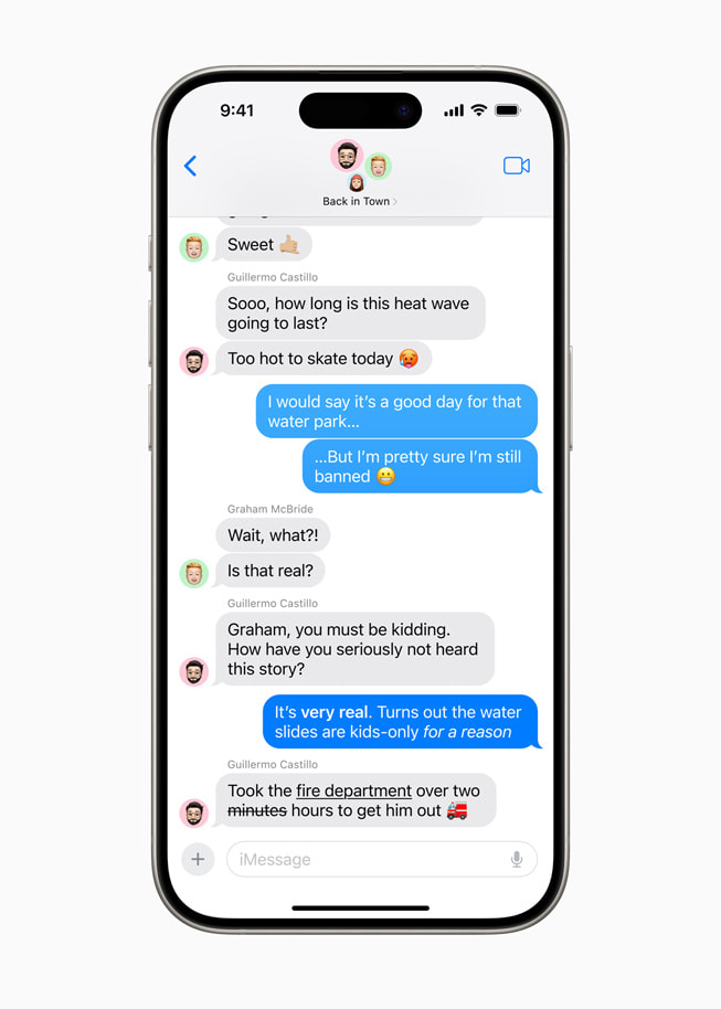 iPhone 15 Pro 上显示一条正在编写的信息，其中“蹦跳”（bouncing）一词被选中，并选中了文字效果 Jitter。
