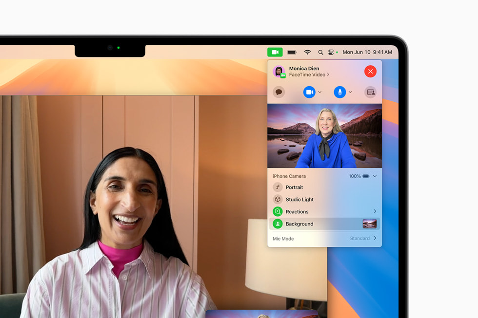 一位用户的 MacBook Pro 上展示 FaceTime 通话 app 的背景替换菜单。