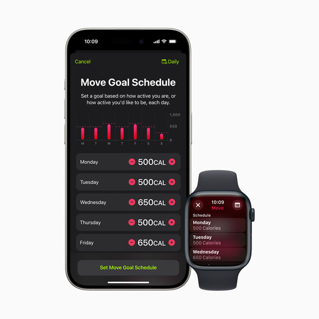 iPhone 15 Pro 和 Apple Watch Series 9 上显示着一个菜单，供用户设置活动目标日程。