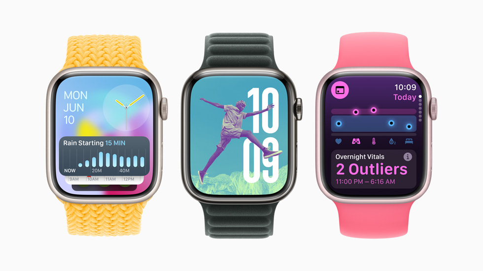 三支 Apple Watch Series 9 设备展示 watchOS 11 的新功能。