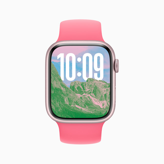 Apple Watch Series 9 的照片表盘上显示高耸的群山。