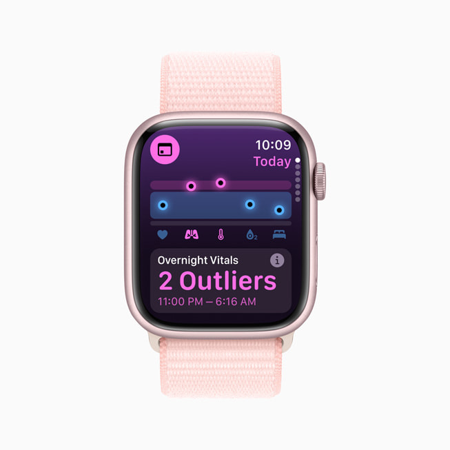 Apple Watch Series 9 上的 Vitals app 显示用户偏离常规水平区间的夜间重要指标。