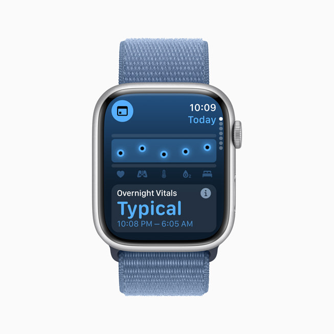 Apple Watch Series 9 上的 Vitals app 显示出用户常规水平的夜间体征数据。