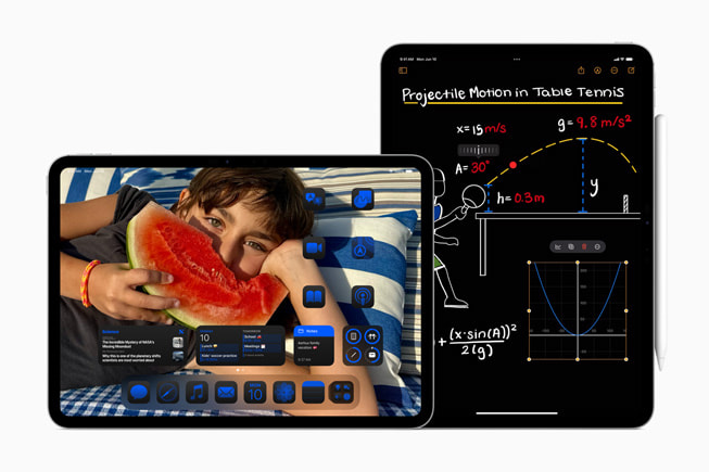 两台 iPad Pro 设备放在一起，一台显示自定义的主屏幕，另一台显示 Math Notes 计算器。
