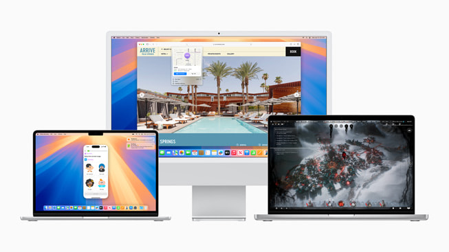 MacBook Air 显示 iPhone 镜像；Mac 显示 Safari 中的 Highlights 功能；另一台 MacBook Pro 显示更沉浸的游戏体验。