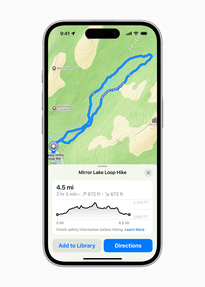 iPhone 16 上显示着 Apple 地图 app 界面，展示 Mirror Lake Loop 徒步路线的长度和海拔信息。