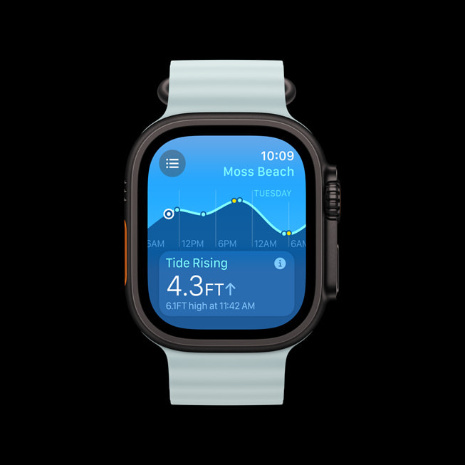 Apple Watch Ultra 2 上显示着潮汐 app。