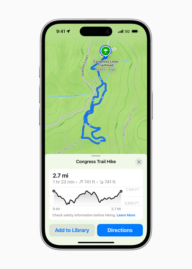 iPhone 16 Pro 上的地图 app 中显示着一张 Congress Trail 徒步路线的地图。