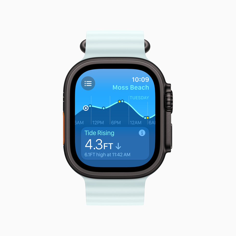 Apple Watch Ultra 2 上展示着潮汐 app。