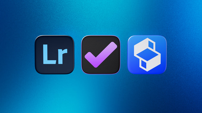 2024 年度 Mac app 入围作品图标：Adobe Lightroom、OmniFocus 4 和 Shapr3D。