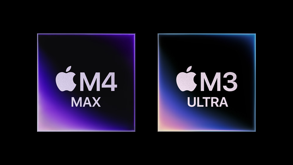 两块 Apple 芯片（M4 Max 和 M3 Ultra）并排陈列。