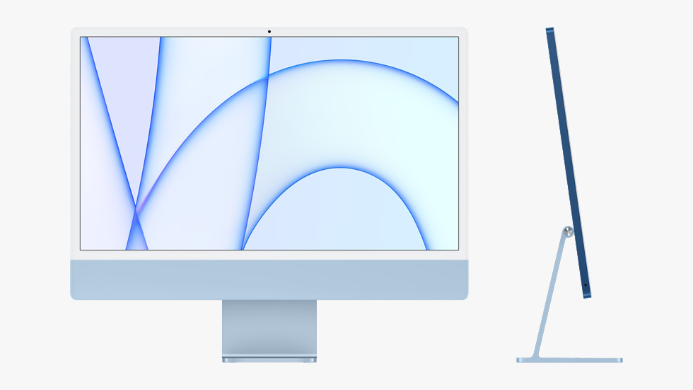 全新蓝色 iMac 的正面图和侧面图。