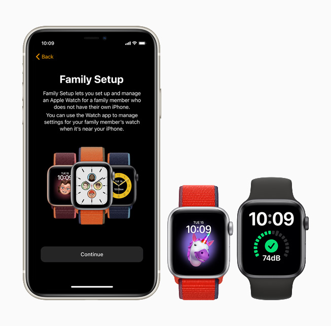 iPhone 11 Pro、Apple Watch SE 和 Apple Watch Series 6 上显示的家人共享设置功能。 