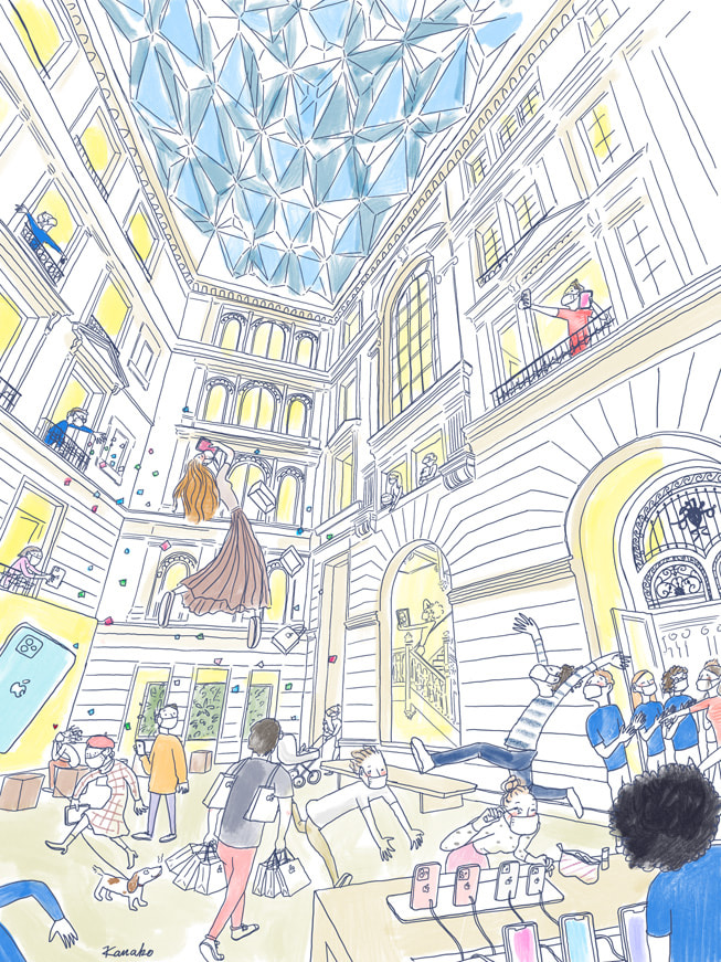 多彩的插画，描绘出 Apple Champs-Élysées 零售店内的场景，由 Kanako Kuno 在 iPad mini 上绘制。
