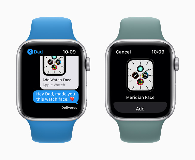 并排放置的 Apple Watch Series 5 上分别显示信息 app 中的共享表盘和子午线表盘。
