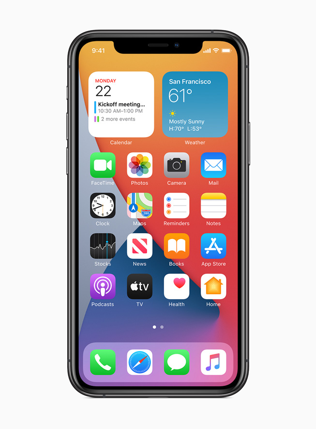 iPhone 11 Pro 上显示新主屏幕上的小组件。