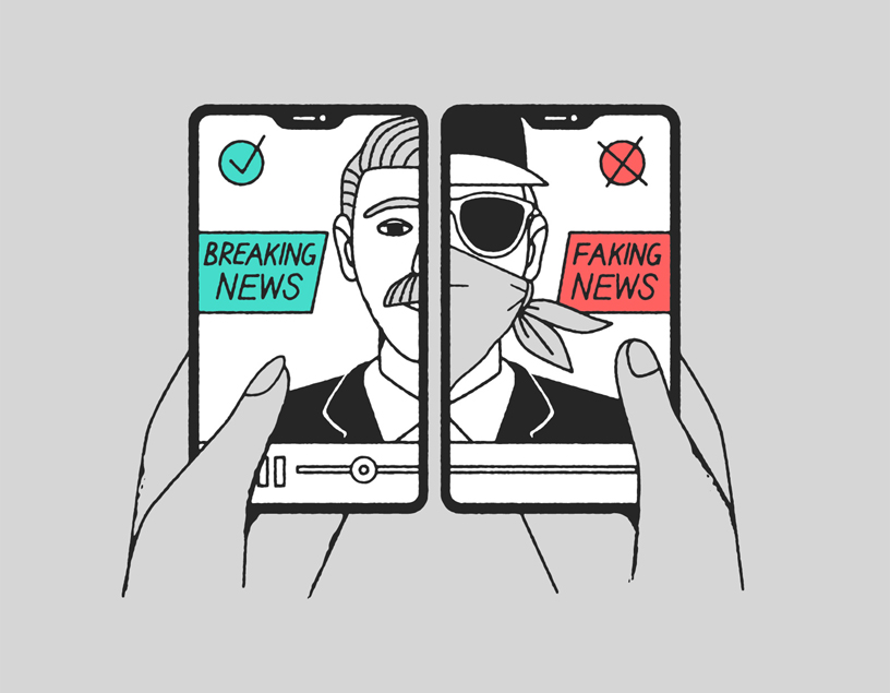插图所示的两部手机分别显示“突发新闻”和“虚假新闻”。