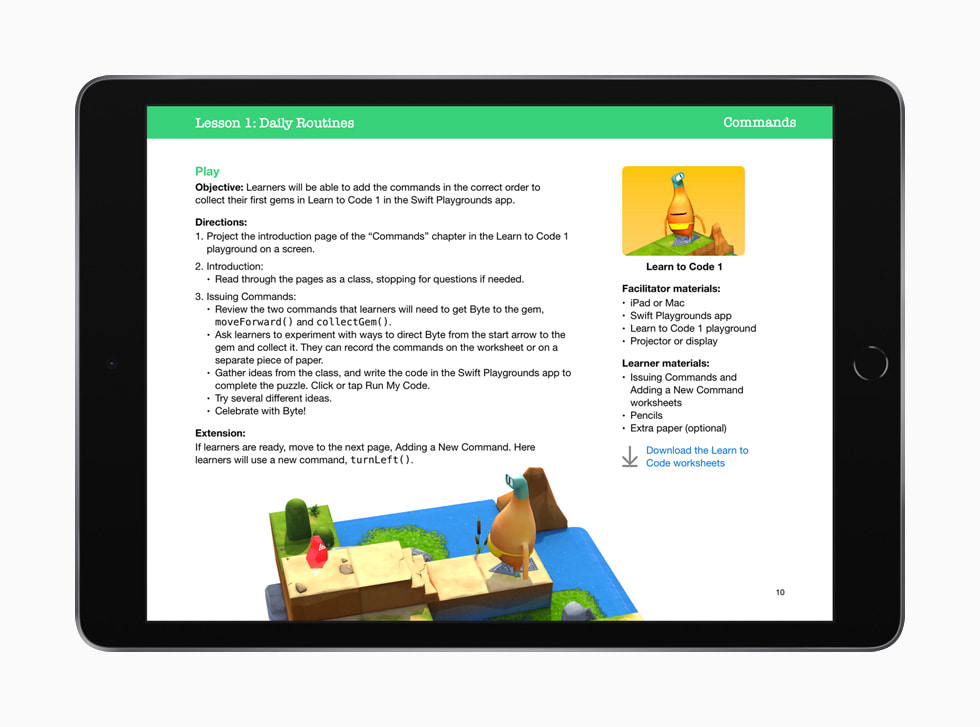 iPad 上显示的“人人能编程：早期学习者” 指南中介绍在 Swift Playgrounds app 里编写命令的课程。