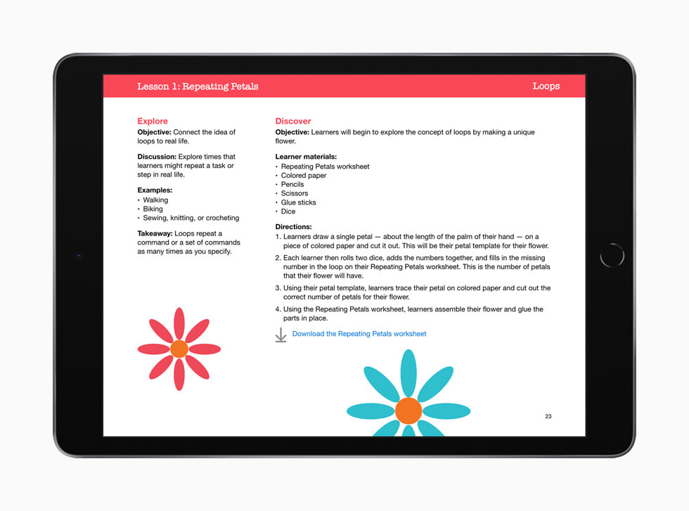 iPad 上显示的 “人人能编程：早期学习者” 指南第一课：重复花瓣。