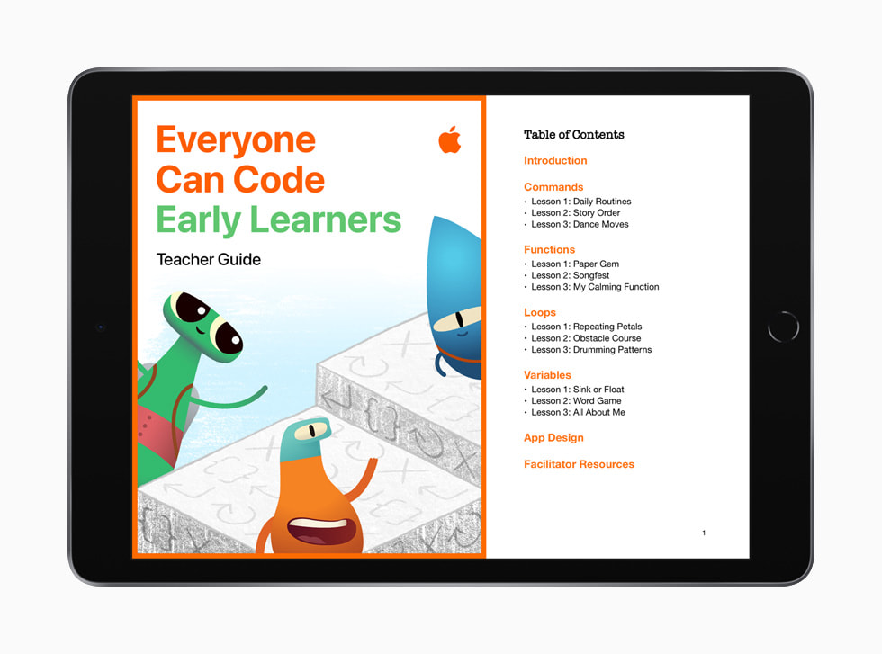 iPad 上显示的 “人人能编程：早期学习者” 教师指南目录。