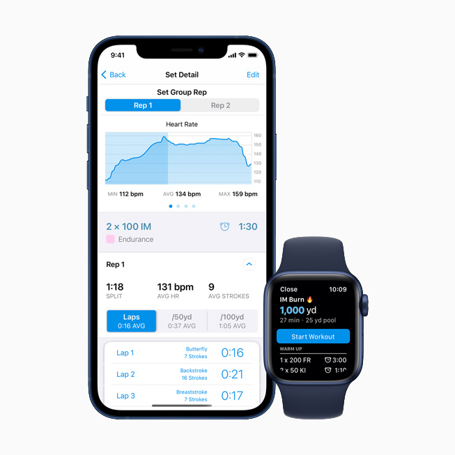 iPhone 12 和 Apple Watch Series 6 上显示 MySwimPro app。