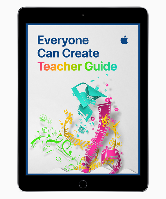 iPad 展示“人人能创造”教师指南屏幕。