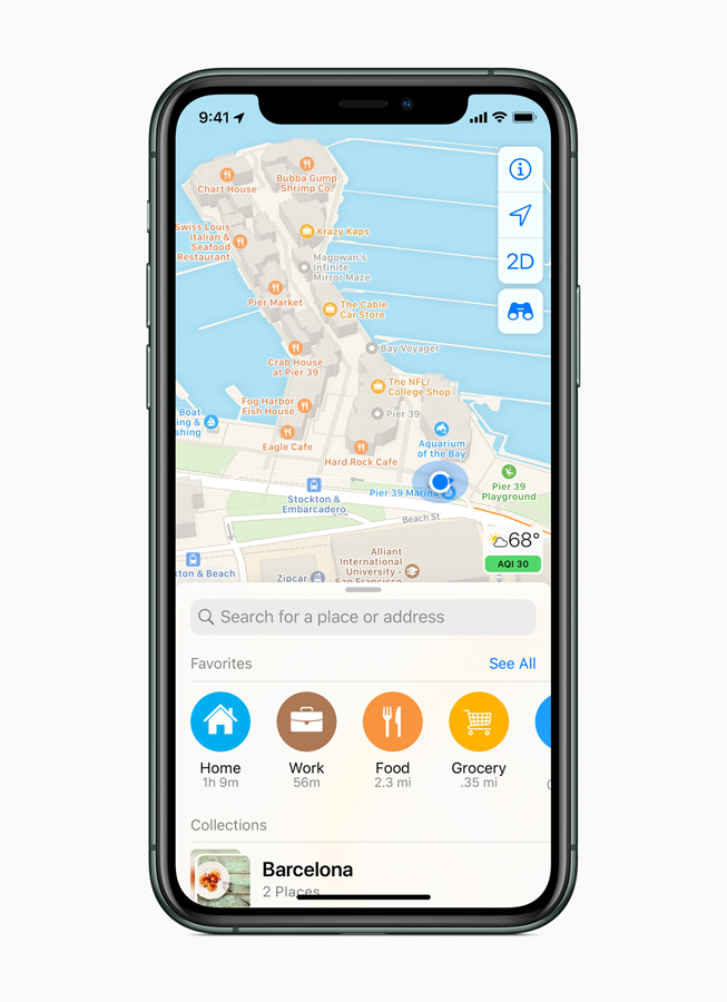 iPhone 11 Pro 屏幕上显示重新设计的新版地图 app 的个人收藏栏。