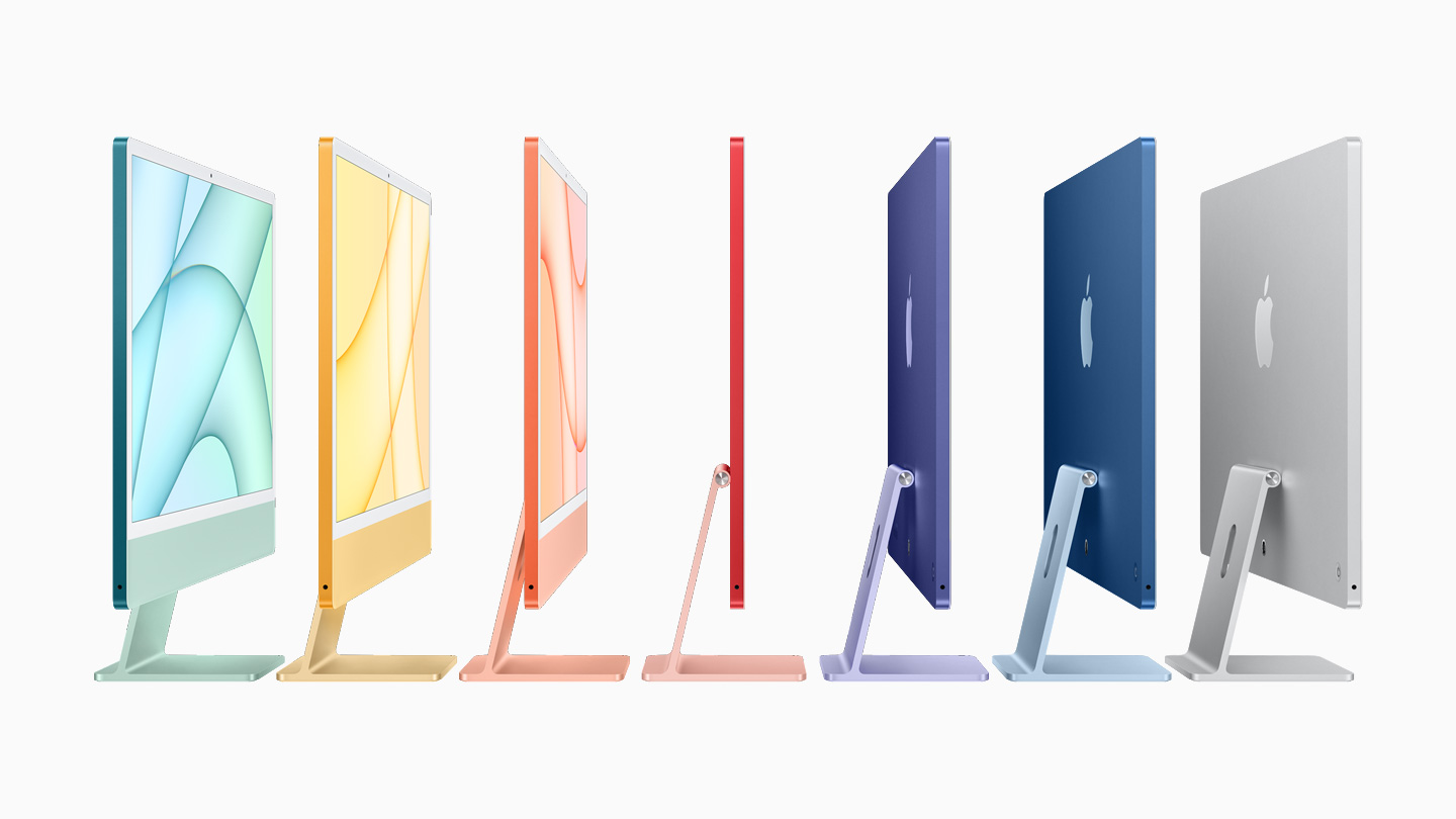 七种 iMac 新机型，尽显这款电脑的纤薄外观与多种可选颜色。