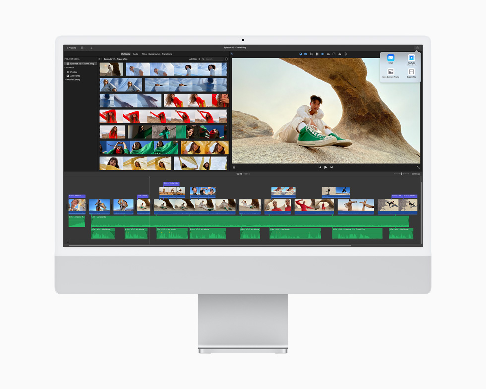 在一台银色 iMac 上，iMovie 剪辑 app 正在编辑视频项目。