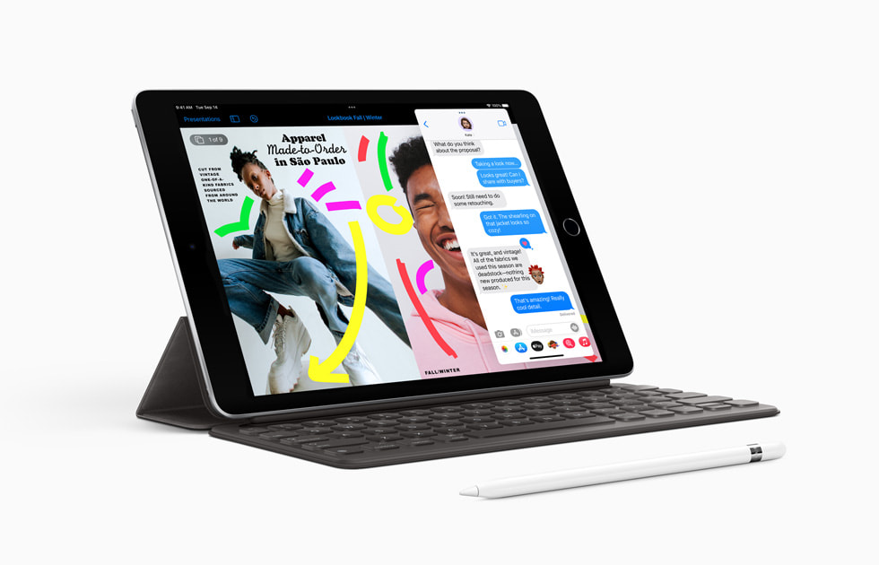 搭配 Apple Pencil（第一代）和智能键盘的新款 iPad。