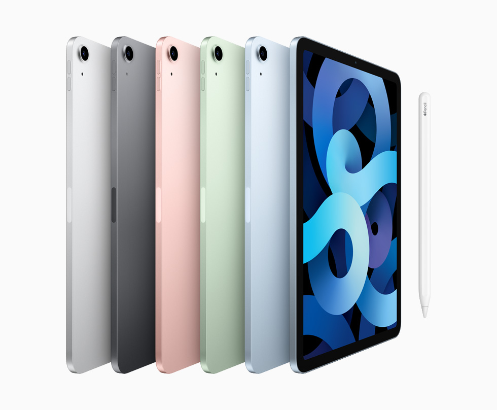 银色、深空灰色、玫瑰金色、绿色和天蓝色的 iPad Air 机型可供选择。