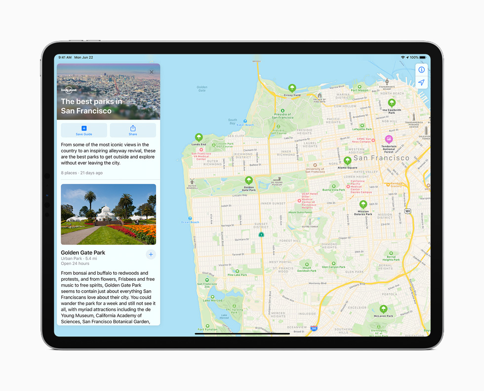 iPad Pro 上展示地图 app 中全新的城市指南功能。