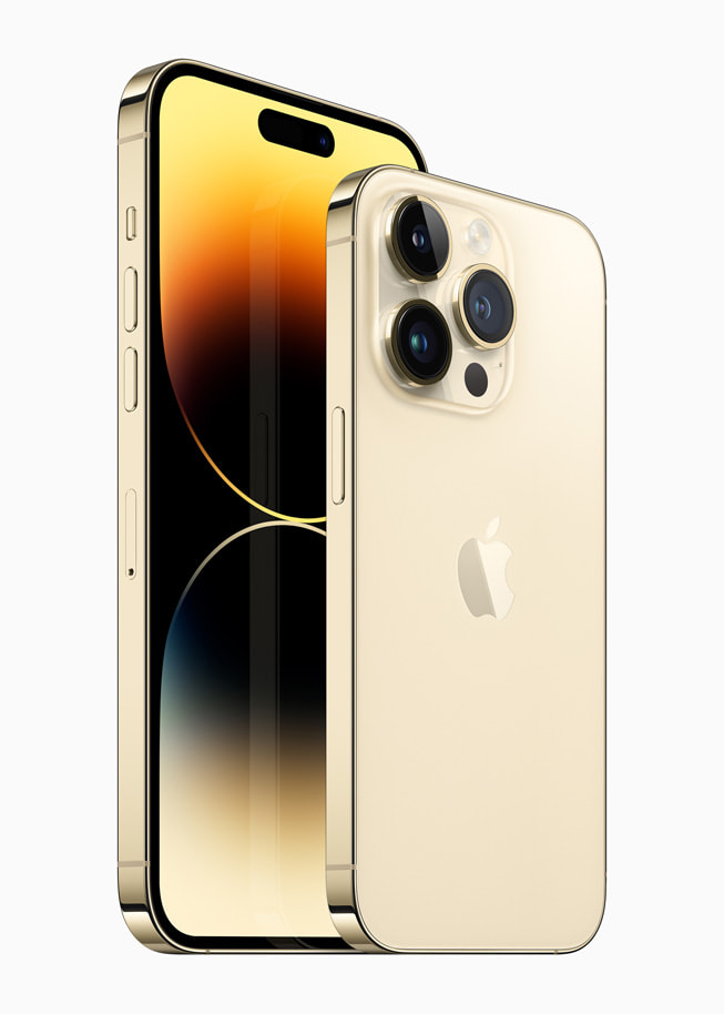 iPhone 14 Pro 和 iPhone 14 Pro Max，金色。