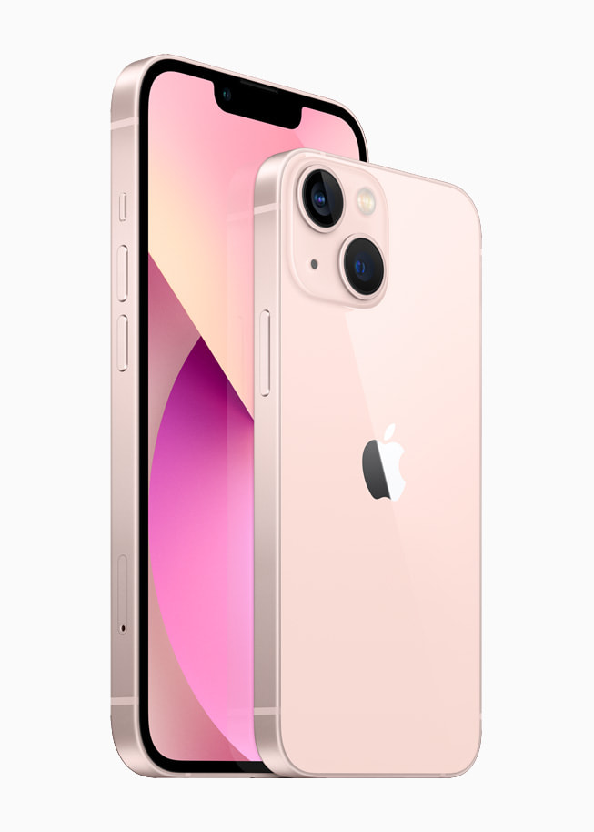 粉色 iPhone 13 和 iPhone 13 mini 的正面和背面。
