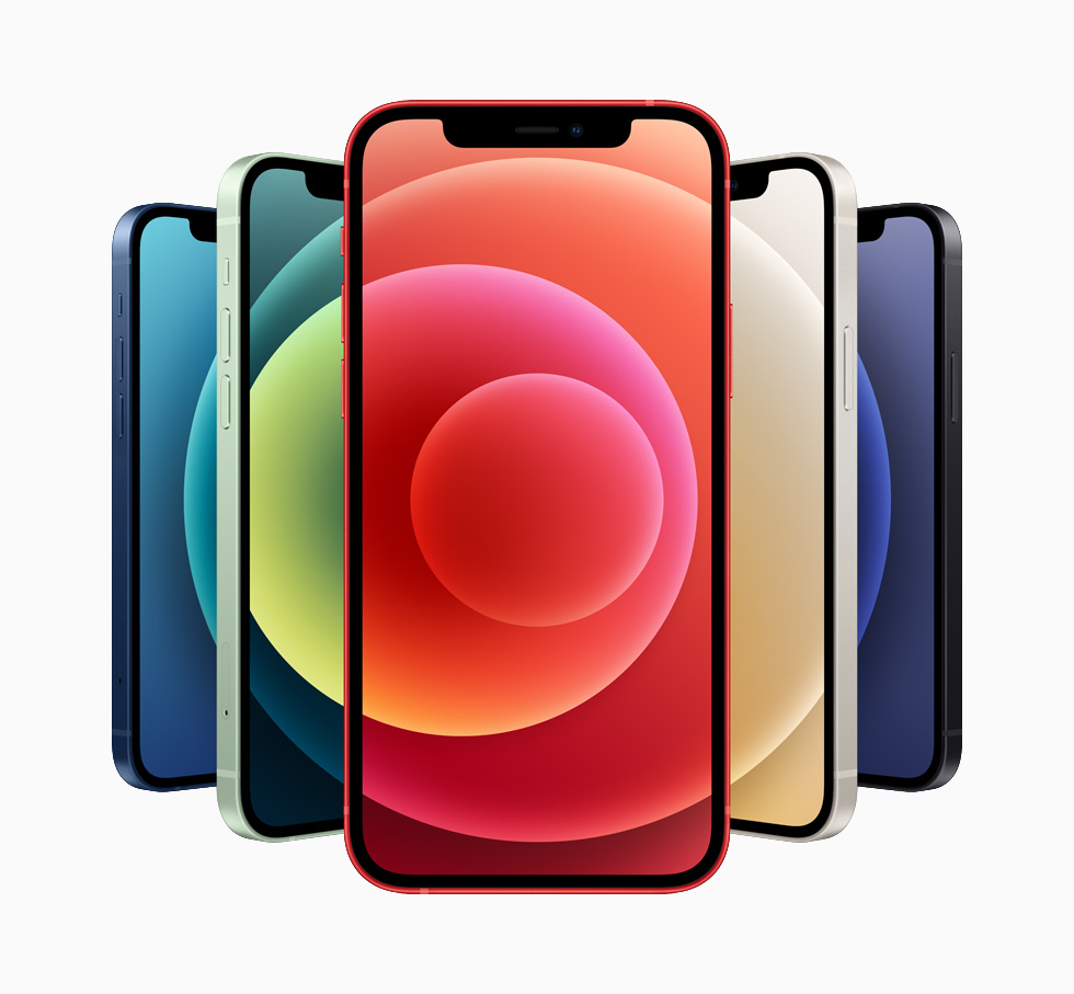 iPhone 12 提供蓝色、红色、白色、绿色和黑色五种铝金属外观。