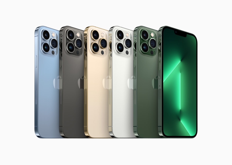 远峰蓝色、石墨色、金色、银色和全新苍岭绿色 iPhone 13 Pro。