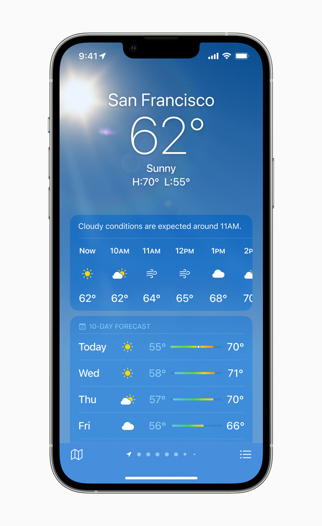 iPhone 13 Pro 正在使用 iOS 15 中的新版天气 app。