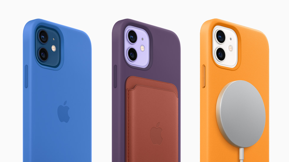 iPhone 12 MagSafe 硅胶保护壳、MagSafe 皮革卡包和 MagSafe 双项充电器。