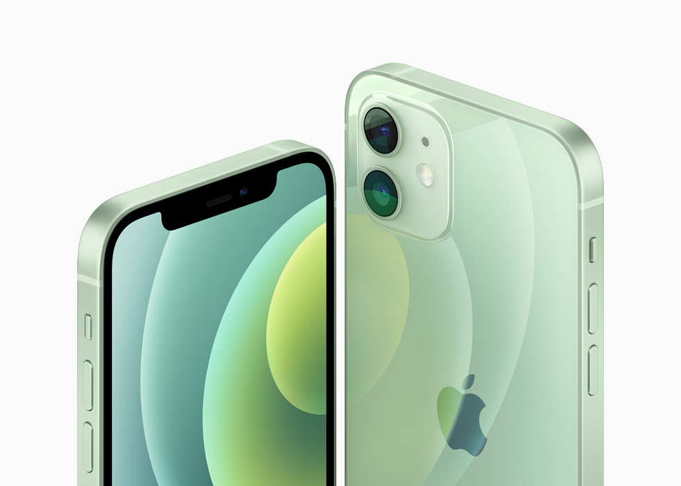 绿色铝金属外观的 iPhone 12 和 iPhone 12 mini。