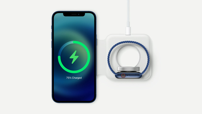 适用于 iPhone 和 Apple Watch 的全新 MagSafe 双项充电器。 