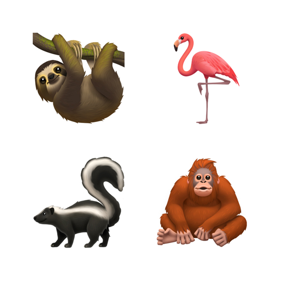 树懒、火烈鸟、臭鼬和红毛猩猩的表情符号。