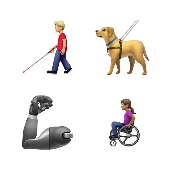 拿拐杖的男人、导盲犬、义肢手臂和坐轮椅的女人的表情符号。